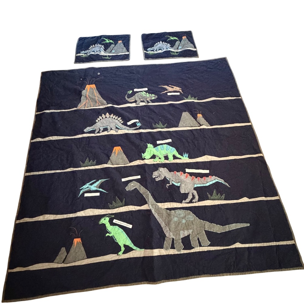 Pottery Barn Kids Dinosaur Quilt Set Full Queen Navy Blue T-Rex 3pc Bedding